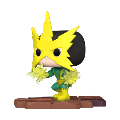 Figura Funko Pop com máscara amarela e fato verde e amarelo segurando raios amarelos