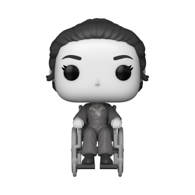 Figura Funko Pop sentada numa cadeira de rodas, com cabelo preto e roupa cinzenta.