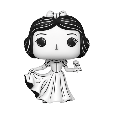 Funko Pop da Branca de Neve a preto e branco segurando um pássaro