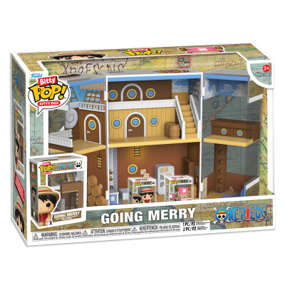 Brinquedo Funko Bitty Pop! Bitty Box Going Merry de One Piece, com barco de madeira e miniaturas.