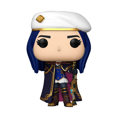 Figura Funko Pop feminina com chapéu branco, cabelo azul e casaco azul e roxo