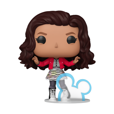 Figura Funko Pop de mulher com casaco vermelho e vestido às riscas em suporte transparente azul