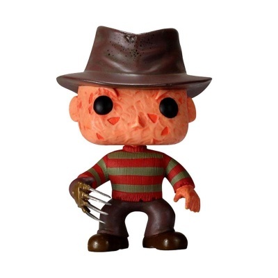 Figura de vinil estilo Pop Funko de personagem com rosto laranja, chapéu castanho, camisola riscada e garras metálicas.