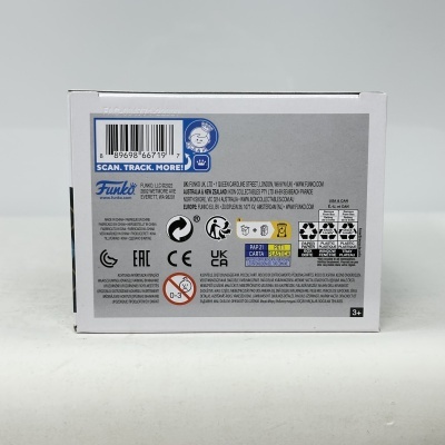 Parte de trás de embalagem branca com códigos de reciclagem e certificações.