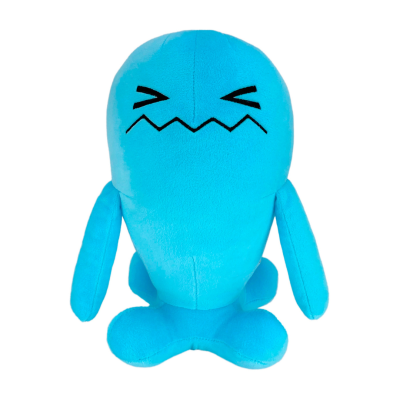 Pelúcia azul com rosto bordado e braços e pés