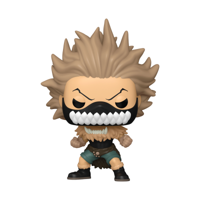 Figura Funko Pop com cabelo espetado castanho e máscara preta com dentes brancos