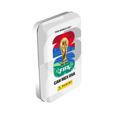 Caixa metálica da FIFA World Cup 2026 com logo e texto da Panini.