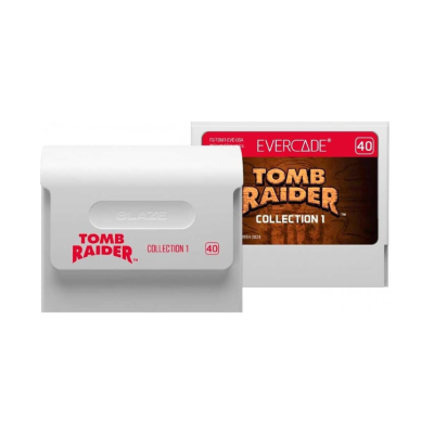 Cartucho de jogo branco Evercade Tomb Raider Collection 1 com caixa branca e castanha