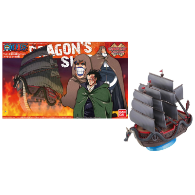 Brinquedo de navio pirata com velas pretas e caixa colorida com texto 'DRAGON'S SHIP'