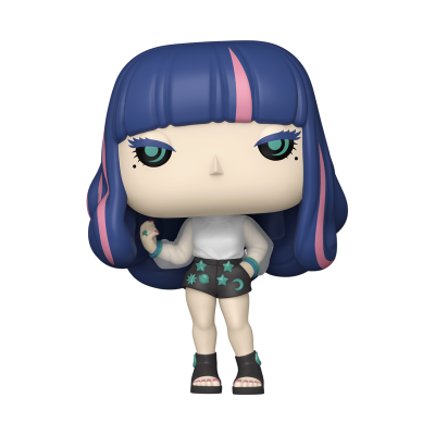 Figura Funko Pop feminina com cabelo azul e risca cor-de-rosa, olhos verdes, roupa com estrelas, tatuagem no braço