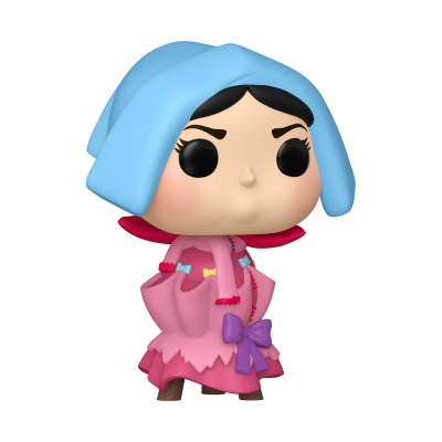 Figura colecionável Funko Pop de personagem feminina com capuz azul e vestido rosa