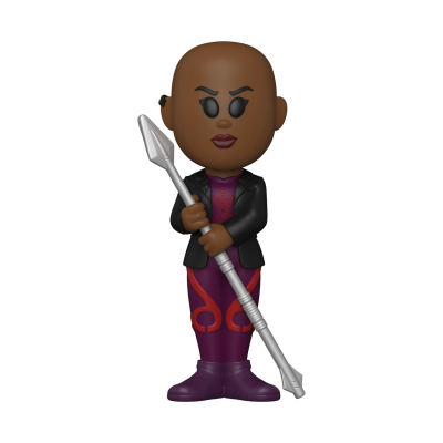 Boneco estilizado com lança, roupa cor-de-rosa e casaco preto