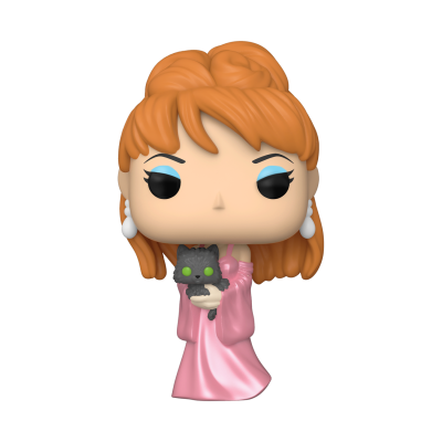 Figura colecionável Funko Pop de mulher com vestido rosa e gato preto