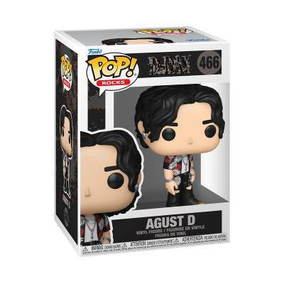 Boneco Funko Pop! Rocks Agust D na caixa com design preto e branco.