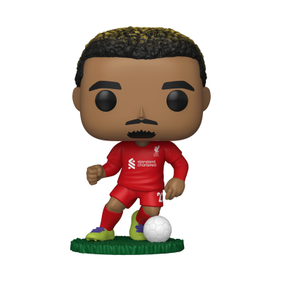 Figura Funko Pop jogador Liverpool FC uniforme vermelho com bola sobre base verde.