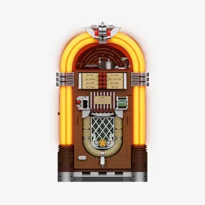 Jukebox retro em blocos LEGO iluminado com texto visível