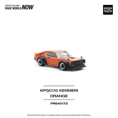 Modelo de carro de corrida compacto laranja e preto em fundo branco com texto POP RACE