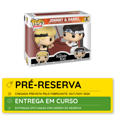 Caixa de figuras de vinil Funko POP! de Johnny e Daniel de The Karate Kid com aviso em português de pré-reserva.
