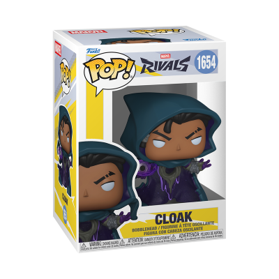 Funko Pop! Cloak da Marvel com capuz azul e roupa roxa dentro de caixa com janela