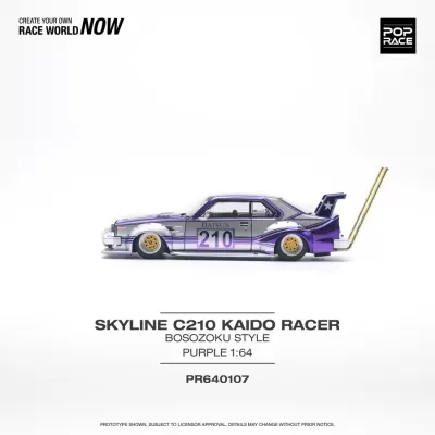 Miniatura de carro roxo Skyline C210 Kaido Racer estilo Bosozoku com rodas douradas e número 210