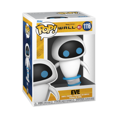 Boneco Funko Pop de vinil da personagem EVE de WALL-E com olhos azuis em embalagem