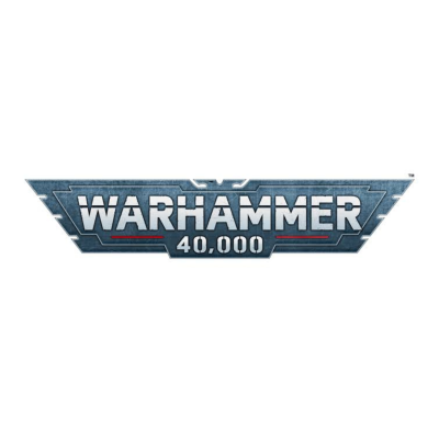 Logótipo Warhammer 40,000 metal azul com texto branco e riscas vermelhas num fundo branco