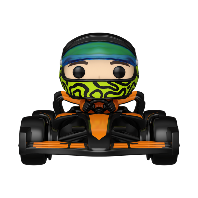 Figura Funko Pop de piloto de kart com capacete e kart preto e laranja