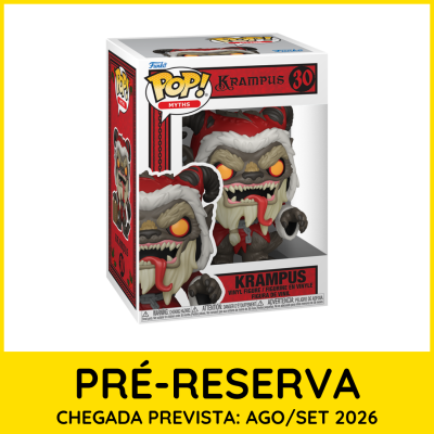 Figura em vinil Funko Pop! do Krampus dentro de caixa transparente com detalhes vermelhos e brancos