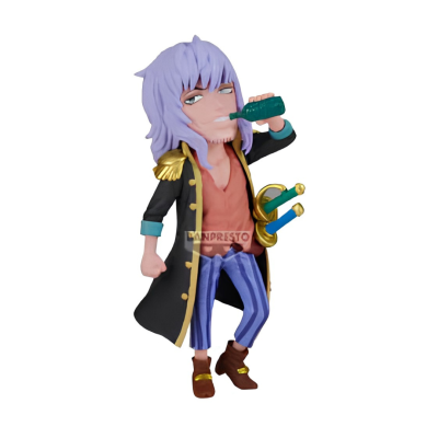 Figura colecionável anime com casaco preto, cabelo lilás e espadas no cinto