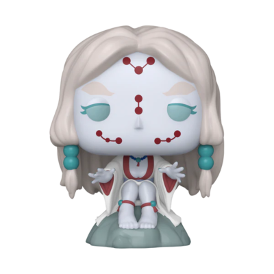Figura Funko Pop personagem com rosto branco e sinais vermelhos sentada numa base cinzenta.