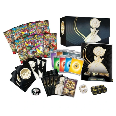 Conjunto de cartas e acessórios do jogo Pokémon Mega Evolution com pacotes, cartas e guia do jogador