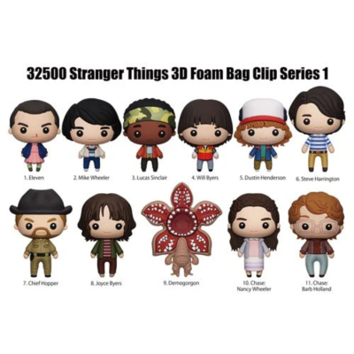 Clips de espuma 3D com personagens da série Stranger Things em várias cores e estilos