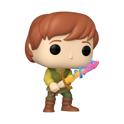 Figura colecionável Funko Pop com roupa verde e amarela segurando espada rosa