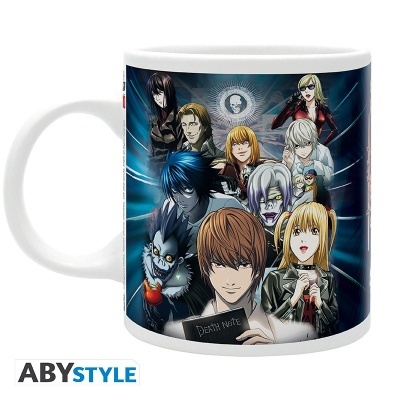 Caneca com design dos personagens de Death Note e o texto DEATH NOTE