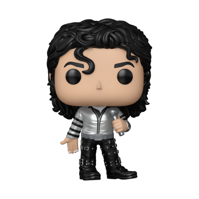 Boneco Funko Pop com casaco prateado e cabelo preto encaracolado a segurar microfone