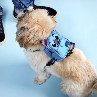 Cão branco bege com mochila azul do personagem Stitch