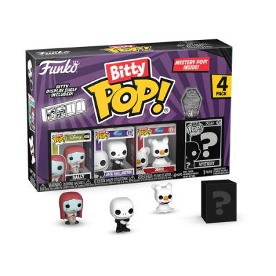 Pack Funko Pop Bitty com 4 figuras Disney Sally, Jack Skellington, Zero e figura surpresa, em caixa colorida