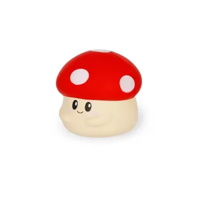 Brinquedo ou objeto decorativo em forma de cogumelo sorridente vermelho e creme