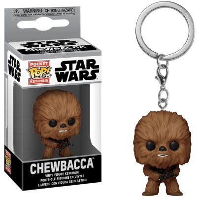 Chaveiro Star Wars Funko Pop! Chewbacca em vinil castanho com olhos pretos e embalagem original preta e branca