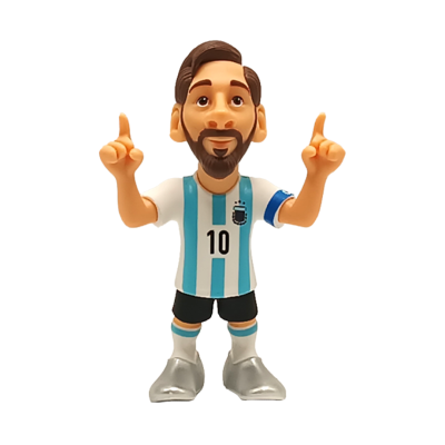 Boneco com camisa de futebol azul e branca, número 10, e botas prateadas