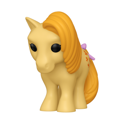 brinquedo cavalo amarelo com cabelo laranja e laço rosa
