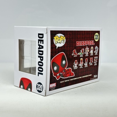 Caixa Funko Pop Deadpool 320 com janela transparente e ilustrações