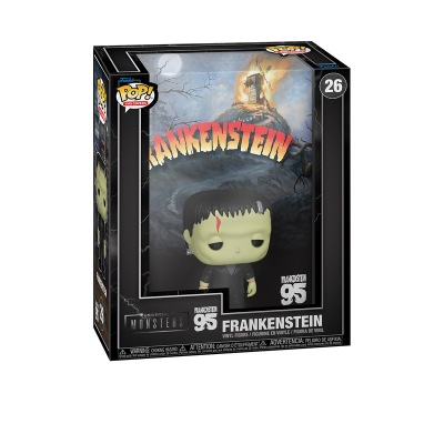 Figura de vinil Funko Pop Frankenstein em caixa preta com imagem de moinho em chamas