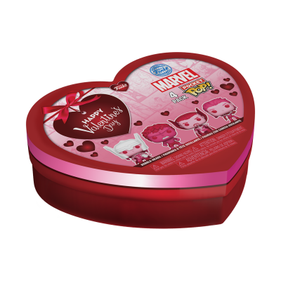 Caixa em forma de coração decorada com personagens Marvel Pop! para o dia dos namorados