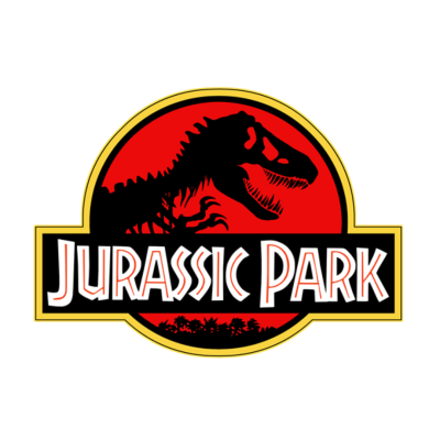 Logótipo vermelho e amarelo de Jurassic Park com T-Rex preto
