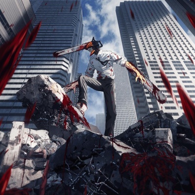 Poster de 'CHAINSAW MAN' com personagem segurando motosserras e edifícios ao fundo