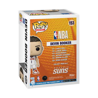 Caixa Funko Pop! Devin Booker NBA Phoenix Suns número 153 com fundo laranja e texto.