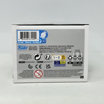 Caixa branca com etiqueta cinza com códigos de barras e informações de produto Funko