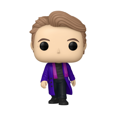 Figura Funko Pop masculina com casaco roxo e lenço rosa, cabelo castanho claro