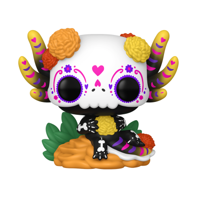 Figura colecionável de vinil com caveira decorada e flores coloridas